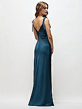 Rear View Thumbnail - Atlantic Blue Soft Cowl Neck Ruched Side Satin Bias Maxi Dress with Shoulder Bows