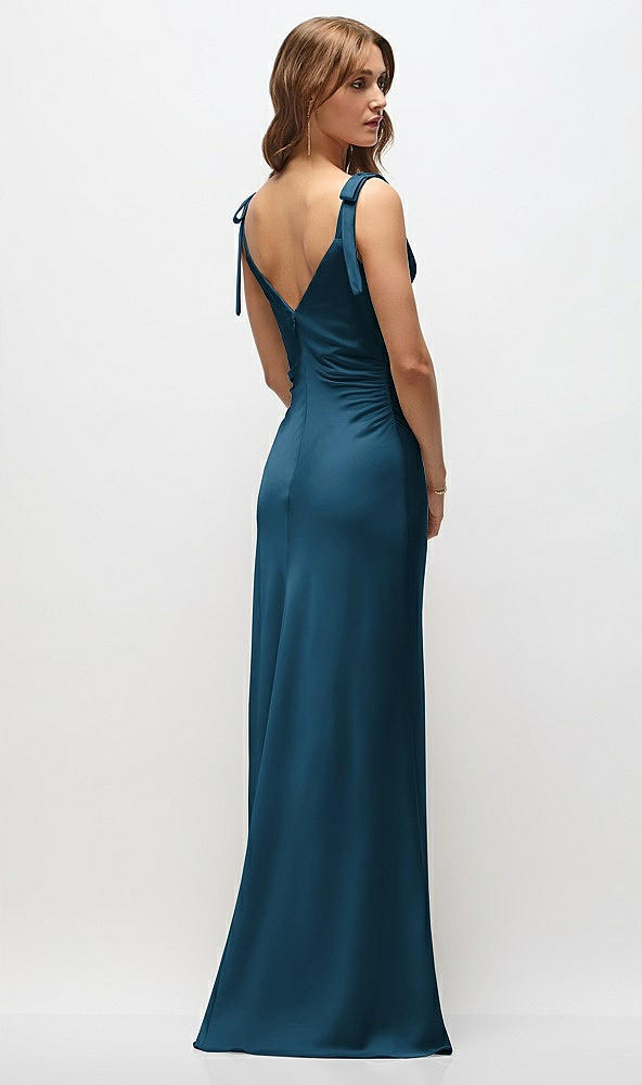 Back View - Atlantic Blue Soft Cowl Neck Ruched Side Satin Bias Maxi Dress with Shoulder Bows