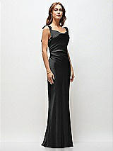 Front View Thumbnail - Black Soft Cowl Neck Ruched Side Satin Bias Maxi Dress with Shoulder Bows