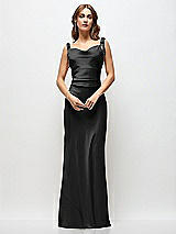 Side View Thumbnail - Black Soft Cowl Neck Ruched Side Satin Bias Maxi Dress with Shoulder Bows