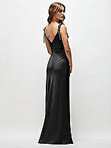 Rear View Thumbnail - Black Soft Cowl Neck Ruched Side Satin Bias Maxi Dress with Shoulder Bows