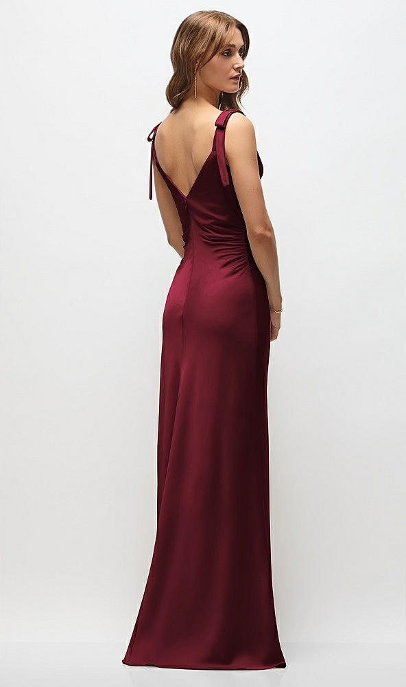 Back View - Cabernet Soft Cowl Neck Ruched Side Satin Bias Maxi Dress with Shoulder Bows