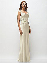 Front View Thumbnail - Champagne Soft Cowl Neck Ruched Side Satin Bias Maxi Dress with Shoulder Bows