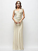 Side View Thumbnail - Champagne Soft Cowl Neck Ruched Side Satin Bias Maxi Dress with Shoulder Bows