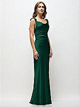 Front View Thumbnail - Hunter Green Soft Cowl Neck Ruched Side Satin Bias Maxi Dress with Shoulder Bows