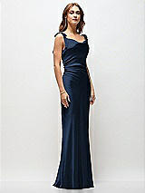 Front View Thumbnail - Midnight Navy Soft Cowl Neck Ruched Side Satin Bias Maxi Dress with Shoulder Bows