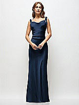 Side View Thumbnail - Midnight Navy Soft Cowl Neck Ruched Side Satin Bias Maxi Dress with Shoulder Bows