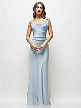 Side View Thumbnail - Mist Soft Cowl Neck Ruched Side Satin Bias Maxi Dress with Shoulder Bows
