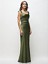 Front View Thumbnail - Olive Green Soft Cowl Neck Ruched Side Satin Bias Maxi Dress with Shoulder Bows