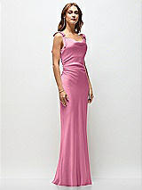 Front View Thumbnail - Orchid Pink Soft Cowl Neck Ruched Side Satin Bias Maxi Dress with Shoulder Bows