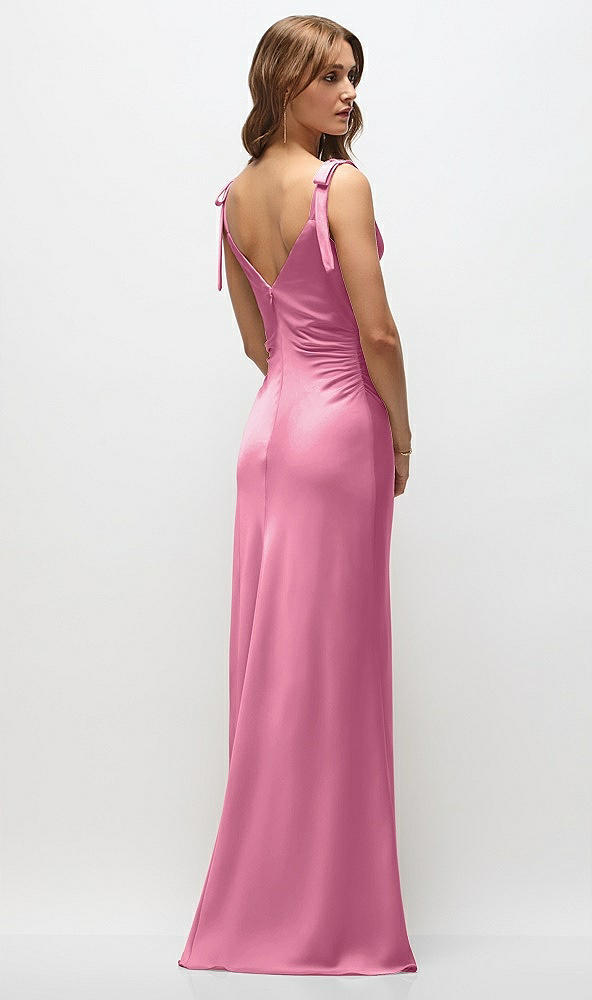Back View - Orchid Pink Soft Cowl Neck Ruched Side Satin Bias Maxi Dress with Shoulder Bows