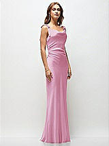 Front View Thumbnail - Powder Pink Soft Cowl Neck Ruched Side Satin Bias Maxi Dress with Shoulder Bows