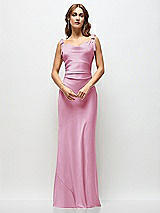Side View Thumbnail - Powder Pink Soft Cowl Neck Ruched Side Satin Bias Maxi Dress with Shoulder Bows