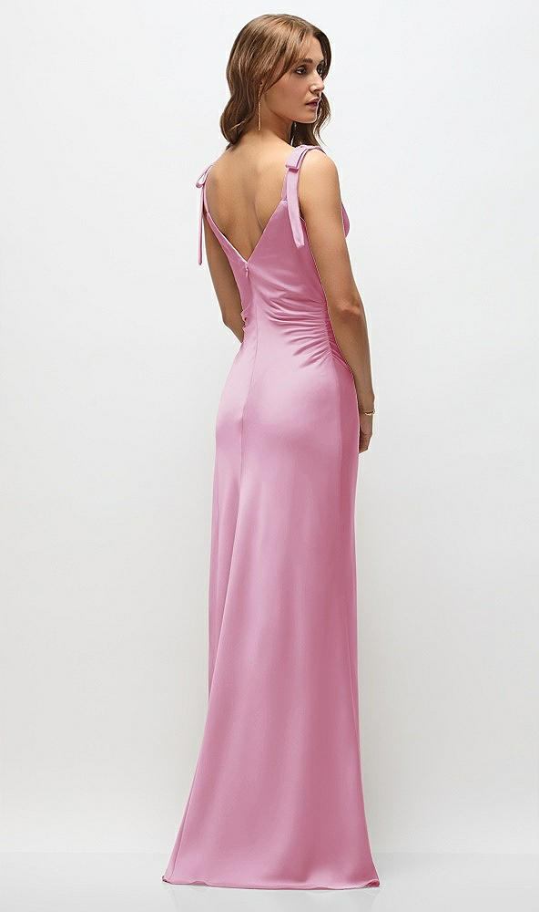 Back View - Powder Pink Soft Cowl Neck Ruched Side Satin Bias Maxi Dress with Shoulder Bows