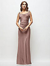 Side View Thumbnail - Sienna Soft Cowl Neck Ruched Side Satin Bias Maxi Dress with Shoulder Bows