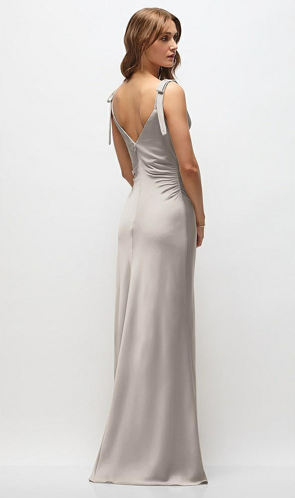 Back View - Taupe Soft Cowl Neck Ruched Side Satin Bias Maxi Dress with Shoulder Bows