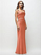 Front View Thumbnail - Terracotta Copper Soft Cowl Neck Ruched Side Satin Bias Maxi Dress with Shoulder Bows