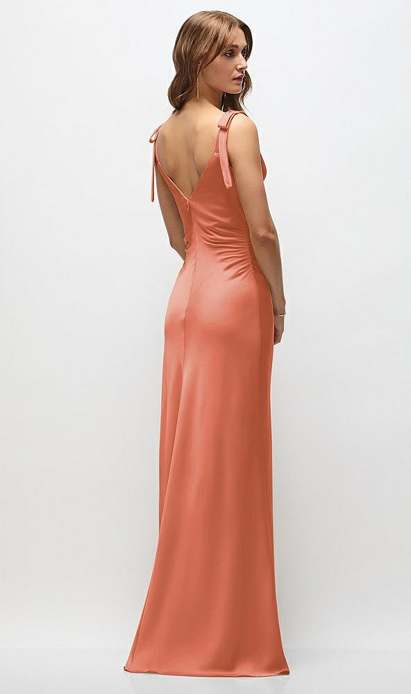 Back View - Terracotta Copper Soft Cowl Neck Ruched Side Satin Bias Maxi Dress with Shoulder Bows