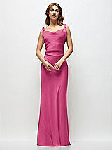Side View Thumbnail - Tea Rose Soft Cowl Neck Ruched Side Satin Bias Maxi Dress with Shoulder Bows