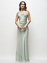 Side View Thumbnail - Willow Green Soft Cowl Neck Ruched Side Satin Bias Maxi Dress with Shoulder Bows