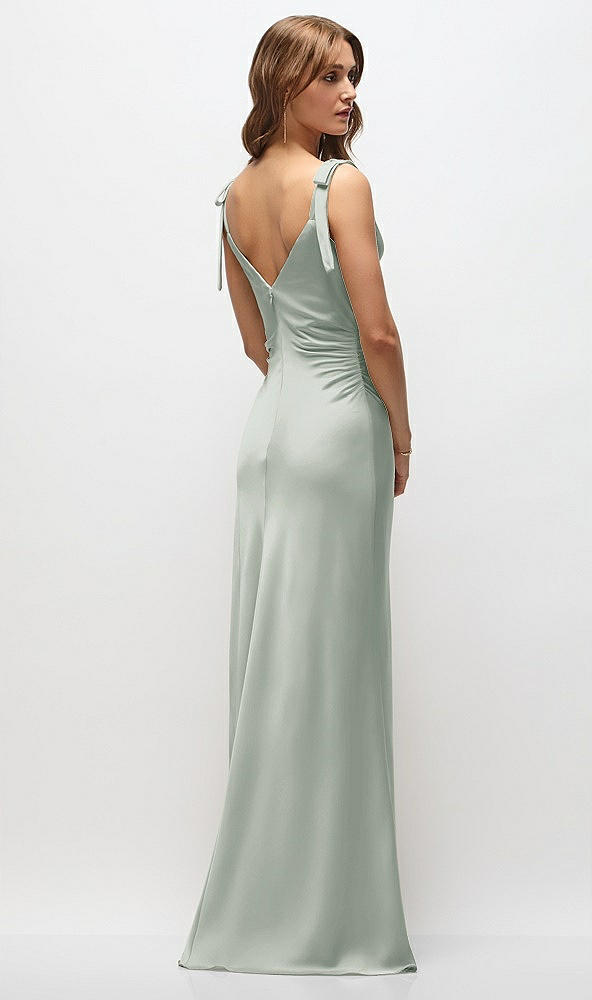 Back View - Willow Green Soft Cowl Neck Ruched Side Satin Bias Maxi Dress with Shoulder Bows