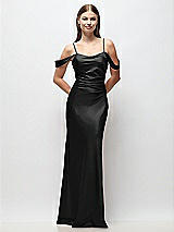 Front View Thumbnail - Black Off-the-Shoulder Swag Ruched Side Satin Bias Maxi Dress with Adjustable Spaghetti Straps