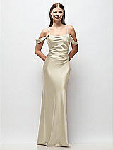 Front View Thumbnail - Champagne Off-the-Shoulder Swag Ruched Side Satin Bias Maxi Dress with Adjustable Spaghetti Straps