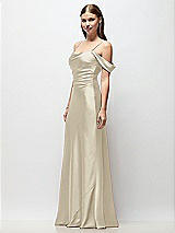 Side View Thumbnail - Champagne Off-the-Shoulder Swag Ruched Side Satin Bias Maxi Dress with Adjustable Spaghetti Straps