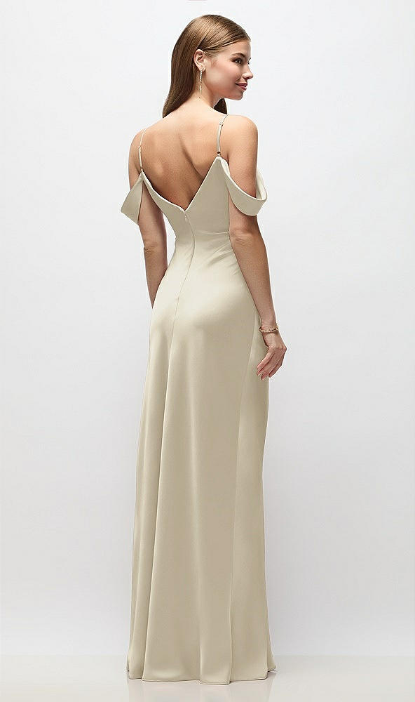 Back View - Champagne Off-the-Shoulder Swag Ruched Side Satin Bias Maxi Dress with Adjustable Spaghetti Straps