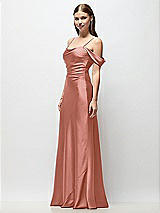 Side View Thumbnail - Desert Rose Off-the-Shoulder Swag Ruched Side Satin Bias Maxi Dress with Adjustable Spaghetti Straps