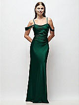 Front View Thumbnail - Hunter Green Off-the-Shoulder Swag Ruched Side Satin Bias Maxi Dress with Adjustable Spaghetti Straps