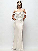 Front View Thumbnail - Ivory Off-the-Shoulder Swag Ruched Side Satin Bias Maxi Dress with Adjustable Spaghetti Straps