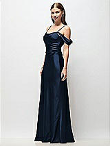 Side View Thumbnail - Midnight Navy Off-the-Shoulder Swag Ruched Side Satin Bias Maxi Dress with Adjustable Spaghetti Straps