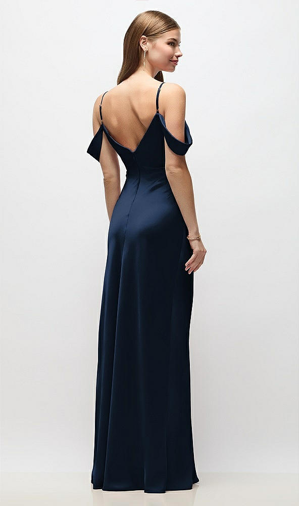 Back View - Midnight Navy Off-the-Shoulder Swag Ruched Side Satin Bias Maxi Dress with Adjustable Spaghetti Straps