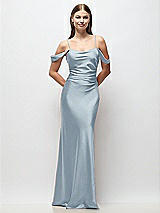 Front View Thumbnail - Mist Off-the-Shoulder Swag Ruched Side Satin Bias Maxi Dress with Adjustable Spaghetti Straps