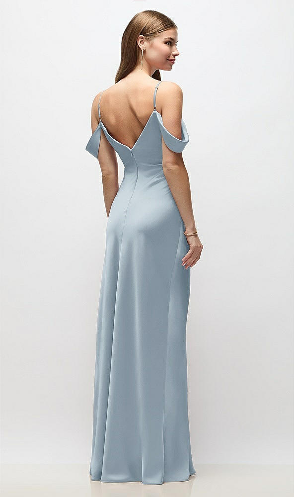 Back View - Mist Off-the-Shoulder Swag Ruched Side Satin Bias Maxi Dress with Adjustable Spaghetti Straps
