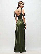 Rear View Thumbnail - Olive Green Off-the-Shoulder Swag Ruched Side Satin Bias Maxi Dress with Adjustable Spaghetti Straps