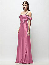 Side View Thumbnail - Orchid Pink Off-the-Shoulder Swag Ruched Side Satin Bias Maxi Dress with Adjustable Spaghetti Straps