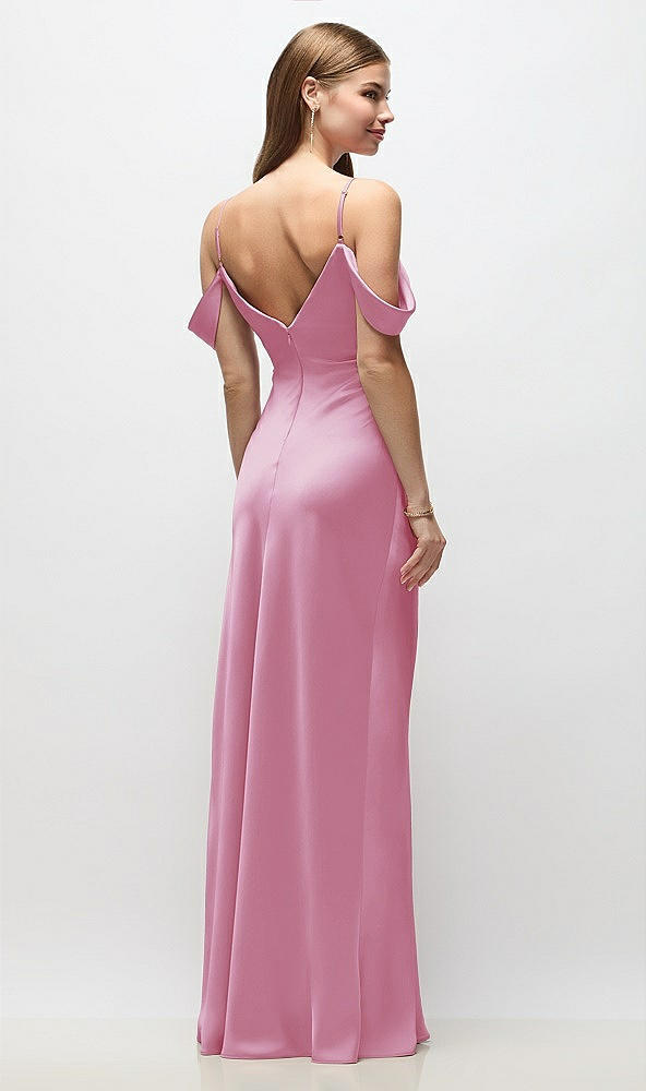 Back View - Powder Pink Off-the-Shoulder Swag Ruched Side Satin Bias Maxi Dress with Adjustable Spaghetti Straps