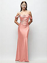 Front View Thumbnail - Rose Off-the-Shoulder Swag Ruched Side Satin Bias Maxi Dress with Adjustable Spaghetti Straps