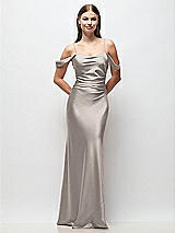 Front View Thumbnail - Taupe Off-the-Shoulder Swag Ruched Side Satin Bias Maxi Dress with Adjustable Spaghetti Straps