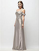 Side View Thumbnail - Taupe Off-the-Shoulder Swag Ruched Side Satin Bias Maxi Dress with Adjustable Spaghetti Straps