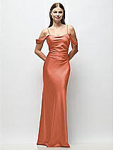 Front View Thumbnail - Terracotta Copper Off-the-Shoulder Swag Ruched Side Satin Bias Maxi Dress with Adjustable Spaghetti Straps
