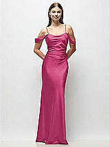 Front View Thumbnail - Tea Rose Off-the-Shoulder Swag Ruched Side Satin Bias Maxi Dress with Adjustable Spaghetti Straps