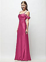 Side View Thumbnail - Tea Rose Off-the-Shoulder Swag Ruched Side Satin Bias Maxi Dress with Adjustable Spaghetti Straps