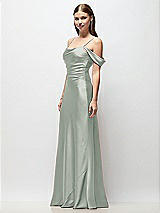 Side View Thumbnail - Willow Green Off-the-Shoulder Swag Ruched Side Satin Bias Maxi Dress with Adjustable Spaghetti Straps