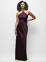 Front View Thumbnail - Deep Plum High-Neck Halter Stretch Satin Maxi Dress with Bias A-line Skirt
