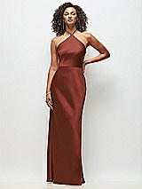Front View Thumbnail - Auburn Moon High-Neck Halter Stretch Satin Maxi Dress with Bias A-line Skirt