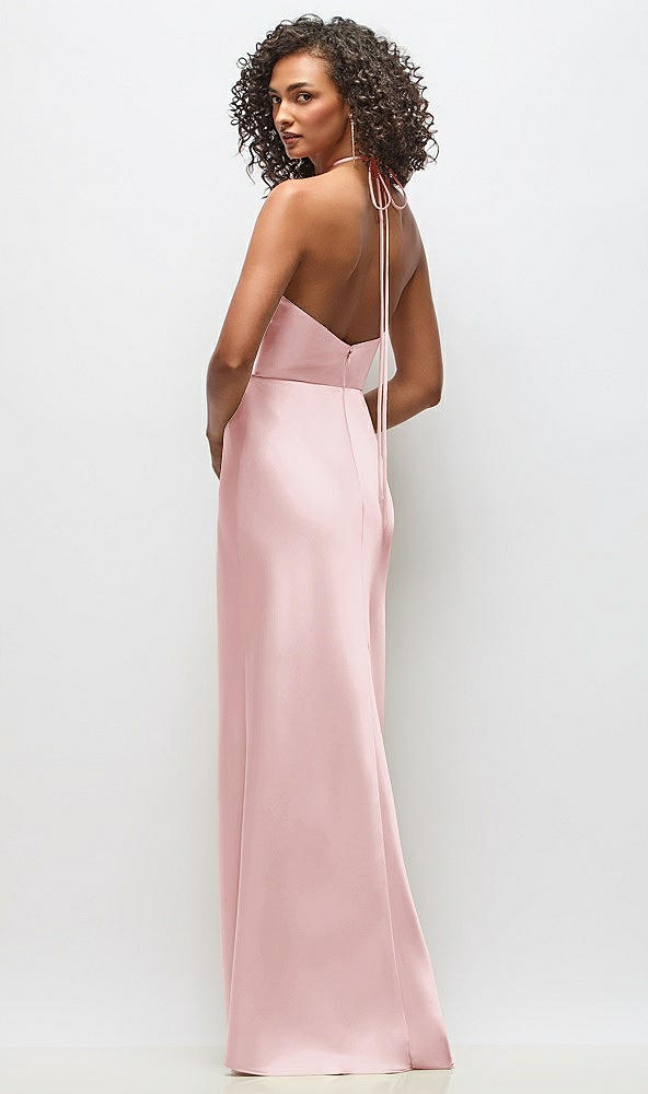 Back View - Ballet Pink High-Neck Halter Stretch Satin Maxi Dress with Bias A-line Skirt