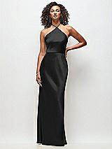 Front View Thumbnail - Black High-Neck Halter Stretch Satin Maxi Dress with Bias A-line Skirt